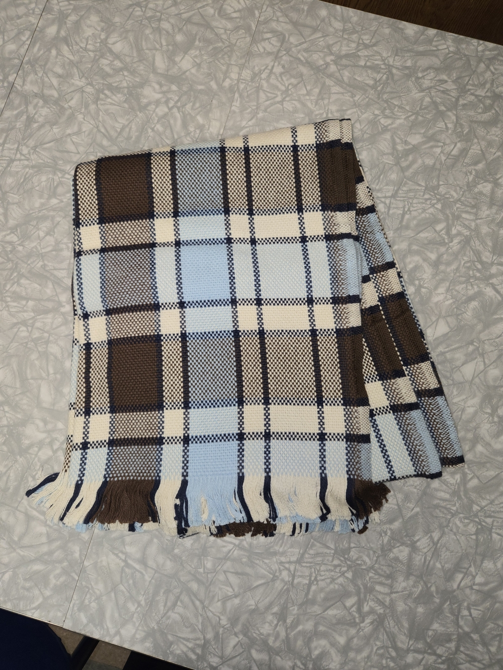 Plaid Fringe Throw Blanket in Light Blue, Brown & Cream